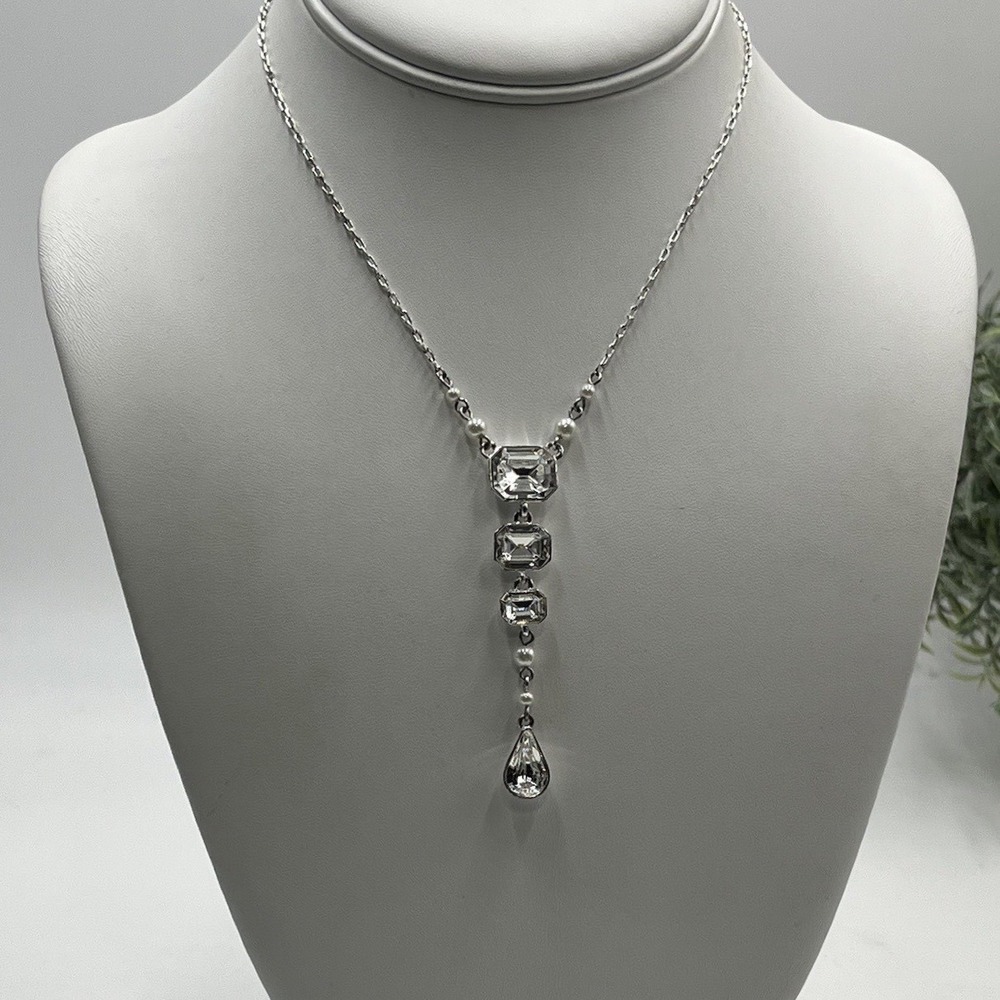 Givenchy Vintage Silver Tone Sparkling Rhinestone Faux Pearl Y Drop Necklace